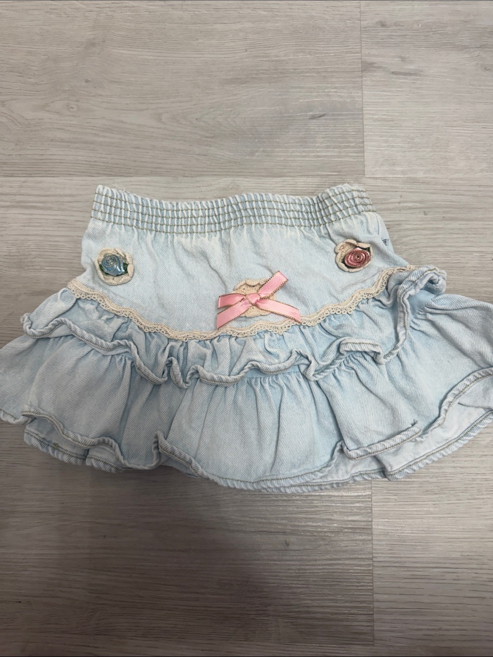 Light Blue Ruffle Denim Skirt with Pink Bow - Kids Bottoms